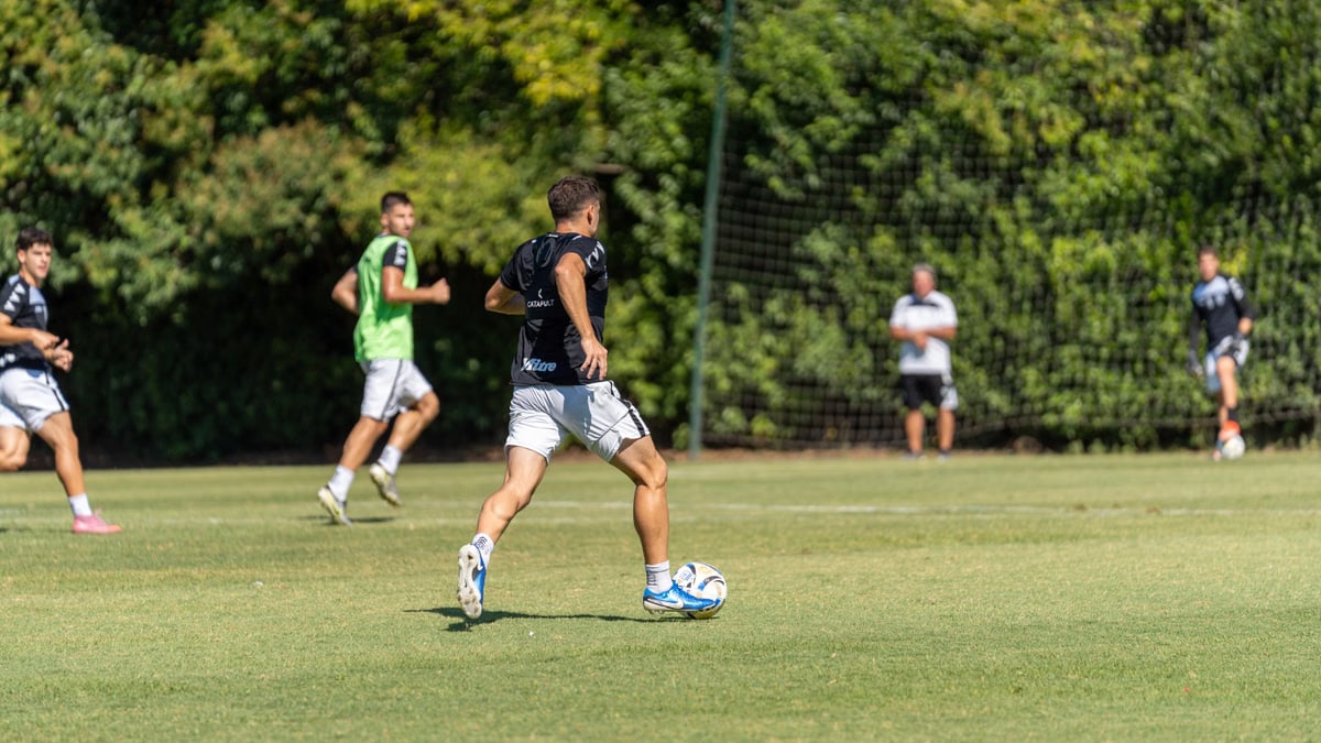 Group of male soccer players practicing on a sunny outdoor field with lush green background.